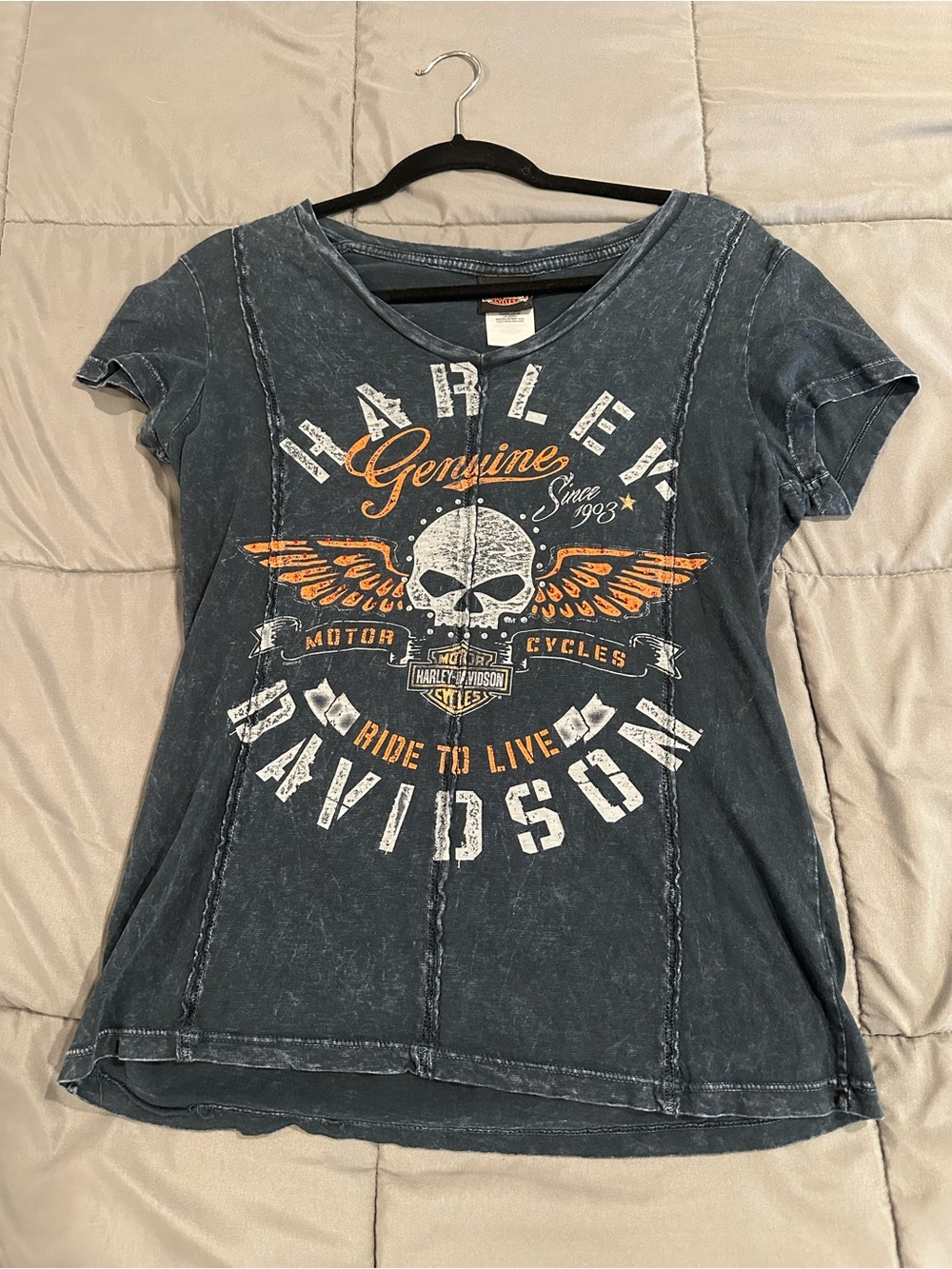 Harley-Davidson Women's Washed Black Graphic Tee with Orange and White Print